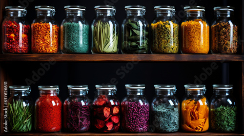 Vintage mason jars filled with colorful spices lining open shelves   photo