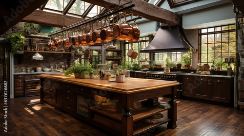 A chef's kitchen with a massive butcher block island and hanging copper pots  