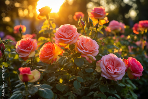 Colorful roses in flower garden  sunrise.