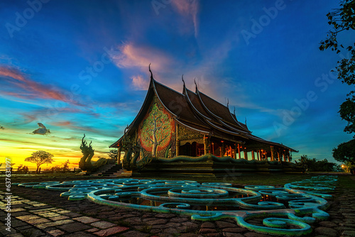 Twilight shot of Sirindhorn Wararam Phu Prao Temple is public Temple in Ubonrachatani, Thailand.