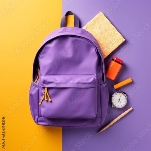 Full school backpack with books isolated on purple and yellow background with copy space. Back to School concept - Created with Generative AI technology. photo