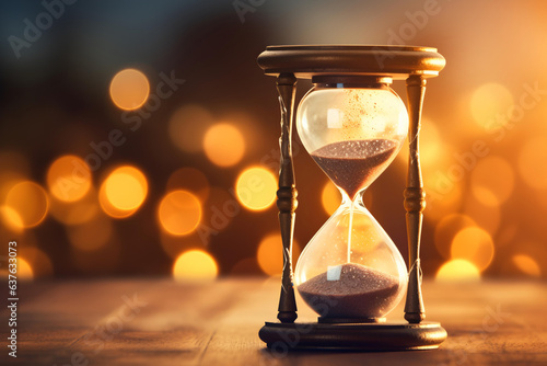 Time is running out. Hourglass on a table against a bokeh background. kintsugi style