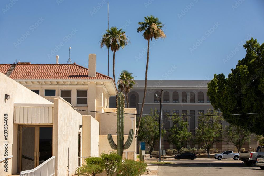 Fototapeta premium Yuma, Arizona, USA - May 27, 2022: Afternoon sun shines on a cactus and buildings of historic Downtown Yuma.