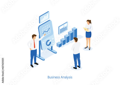 Isometric design statistical and Data analysis for business finance investment concept with business people team working graph dashboard.