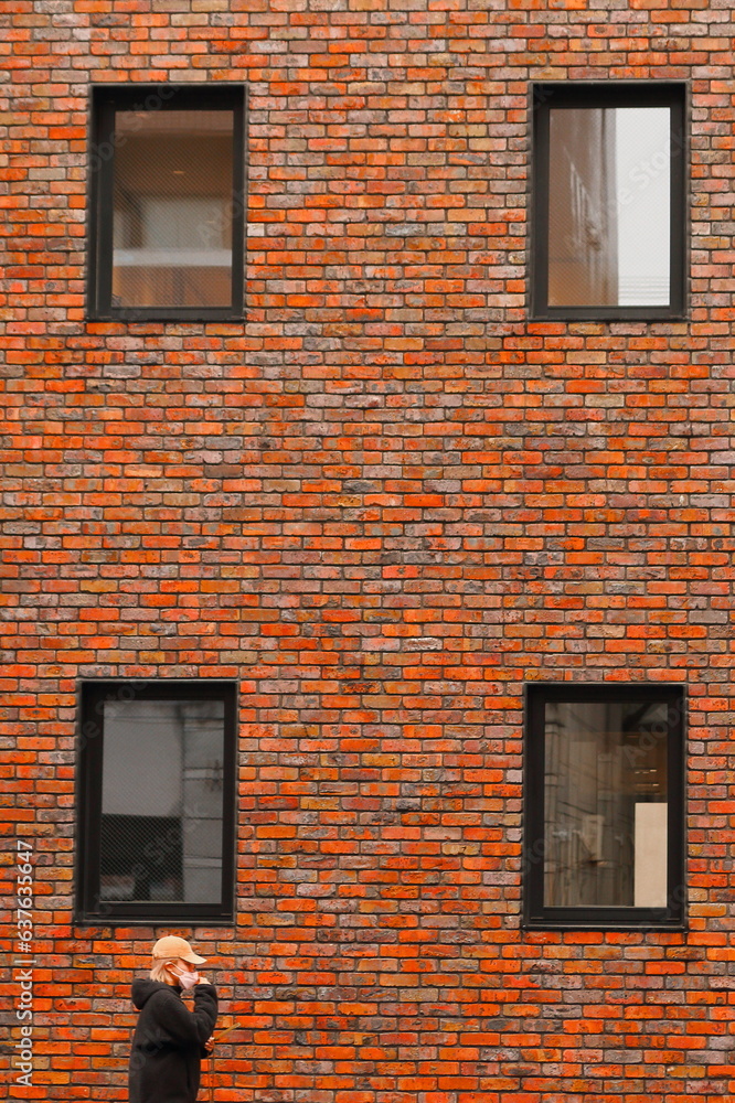 Obraz premium 赤レンガの建物を横切る通り人