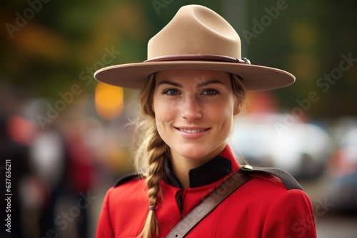 Beautiful smiling young female Canadian mounty looking at the camera photo