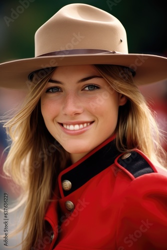 Beautiful smiling young female Canadian mounty looking at the camera photo