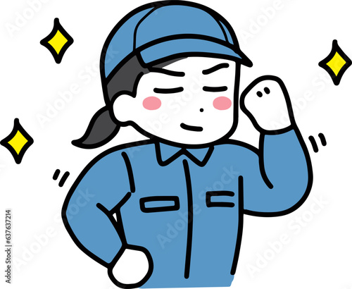 力持ちポーズのかっこいい作業服＆帽子の若い女性