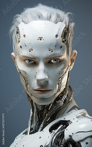 Android robot face portrait on blue-gray background. Artificial intelligence concept. Futuristic robot head with technology neural system. Generative AI head-shot.