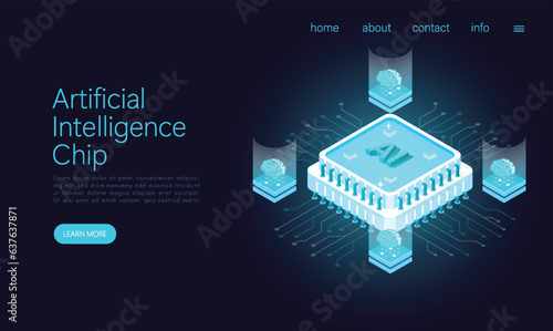 Landing page template ai cpu digital technology with brain. artificial intelligence computer. Abstract futuristic hitech style. computing processor board chip wallpaper. Isometric vector.