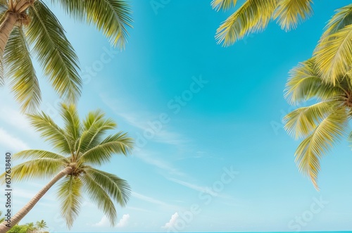 Tropical Serenity  Vintage Palm Trees and Blue Sky View from Below. 