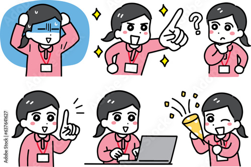 若い介護スタッフの女性のいろんなポーズ(上半身・ポロシャツ)