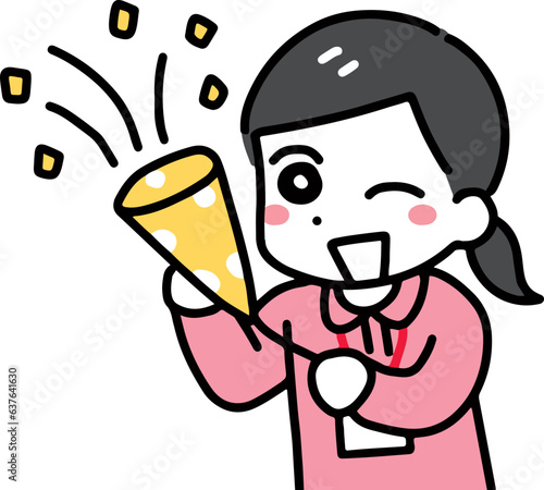 笑顔でクラッカーを鳴らす介護スタッフの若い女性(上半身・ポロシャツ)