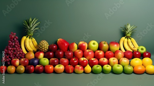 Composition with fresh fruits as background, closeup. Balanced diet