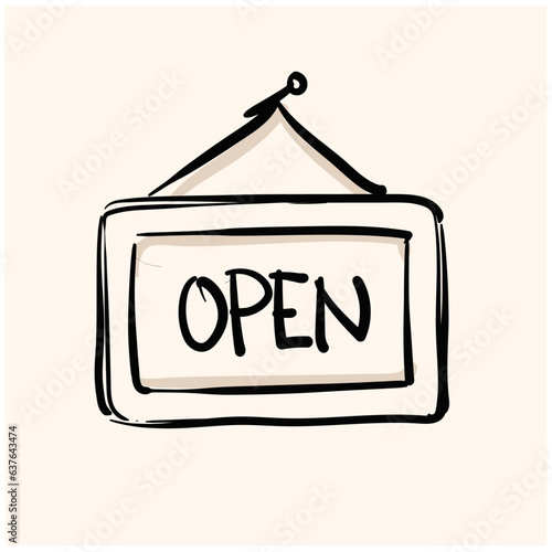 Open sign icon in doodle sketch lines. Cafe restaurant shop store market