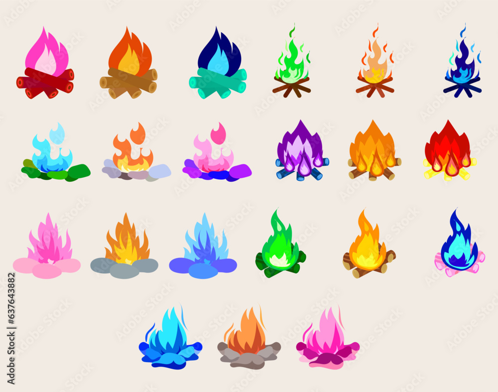 Collection illustration Campfire, fireplace. Travel and adventure symbol.Set of bonfire or wood fire
