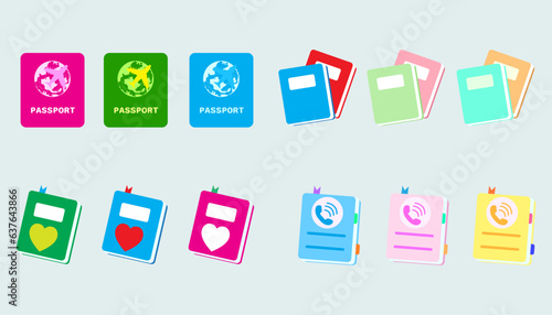 Collection illustration Book symbol icon.Set of Passports, income and expenditure books, bibles, phone books, etc.