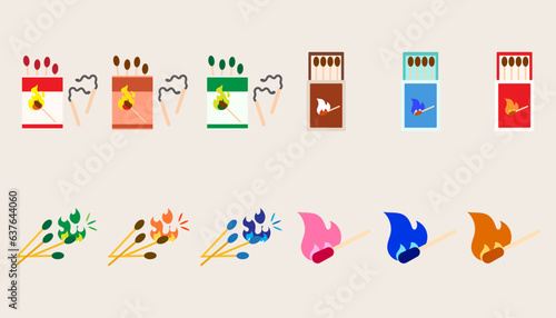 Collection  burning match. Wood whole matchstick with sulfur head flaming stages.Set of burning match.
