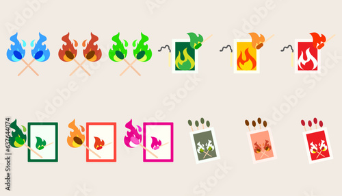 Collection  burning match. Wood whole matchstick with sulfur head flaming stages.Set of burning match.