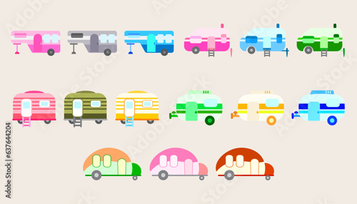 Collection  camping caravan cars and trailers vehicles of travel caravans for camper.Set of camping car.