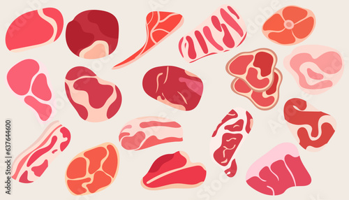 Collection Fresh slices or meat. Marbling of pork or beef tenderloin for steak.set of slices meat.