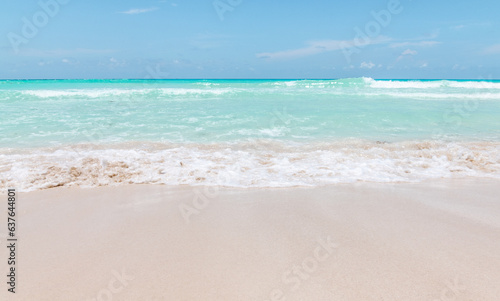 Hermosa playa tropical con cielo azul y despejado y vista al mar