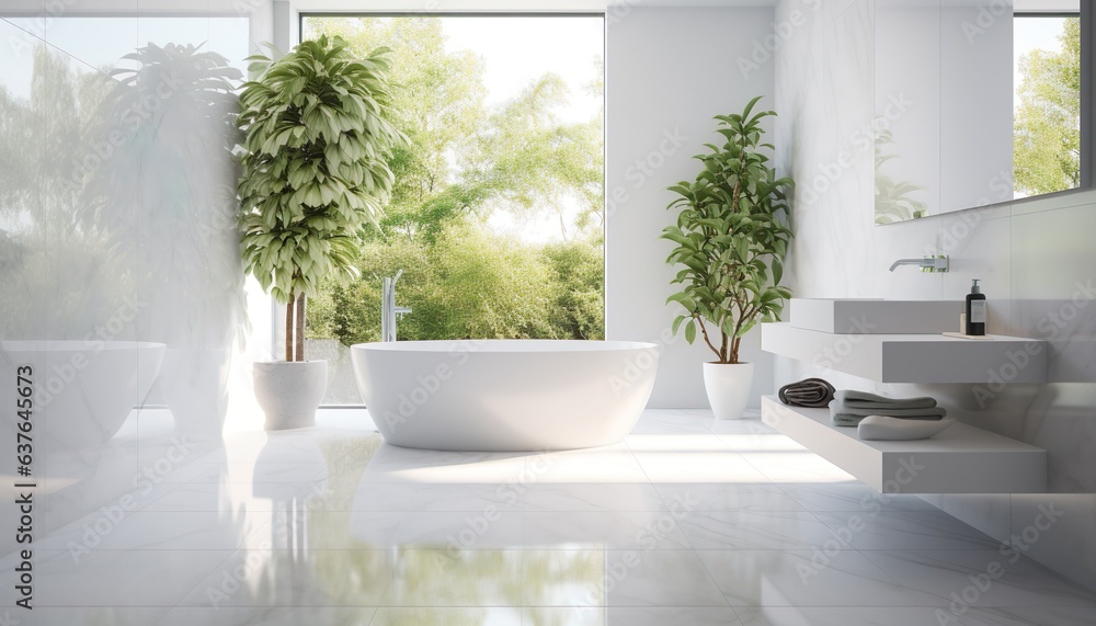 Fototapeta premium White tiles and green wood for bathroom and bathtub interior