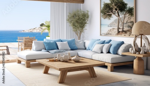 Interior of the living room with a view of the Mediterranean Sea