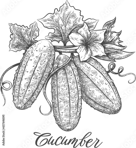 Cucumber plant retro engraving