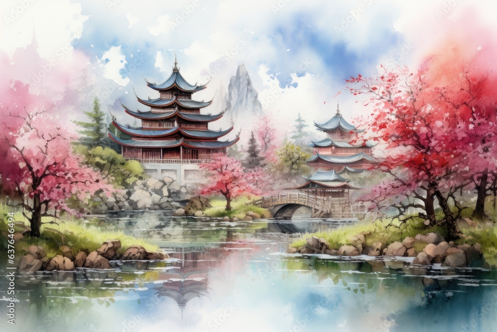 Naklejka premium Chinese ink landscape painting created digitally Generative AI
