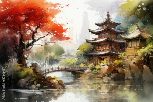Chinese ink landscape painting created digitally Generative AI © EnelEva