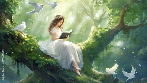 Girl reading book,sitting on a big tree in forest, white dress and birds.