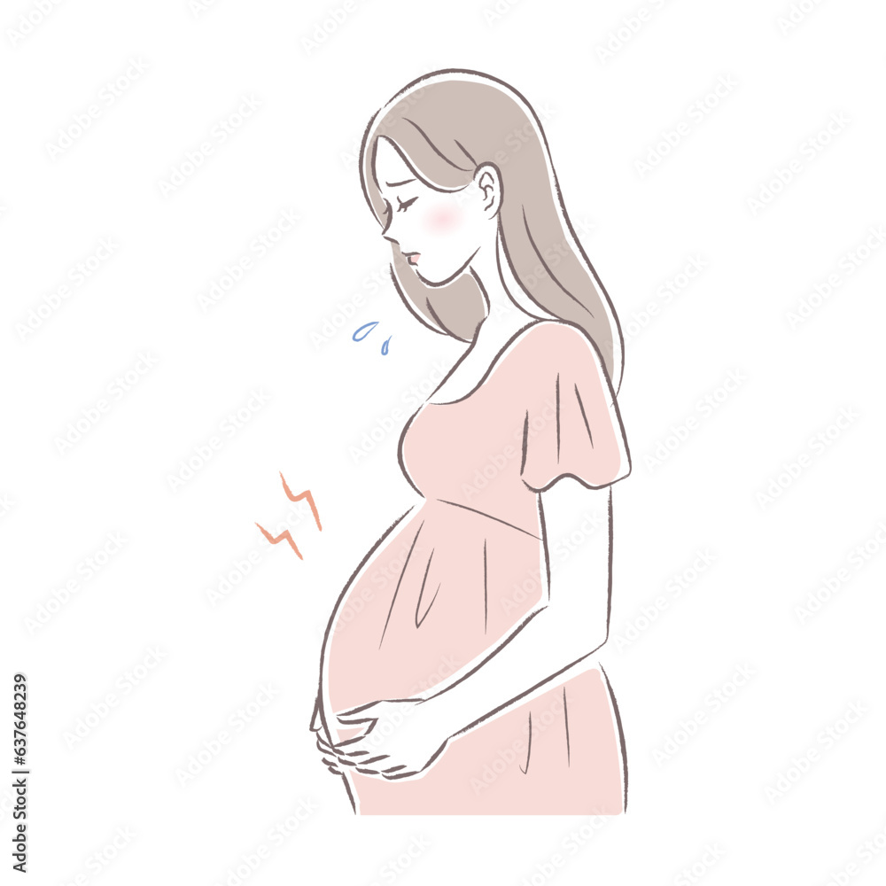 陣痛・妊娠後期のトラブルに悩む女性のイラスト 陣痛・妊娠後期のトラブルに悩む女性のイラスト