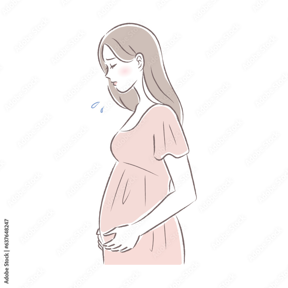 妊娠中期のお腹の張り・トラブルに悩む妊婦さんのイラスト 妊娠中期のお腹の張り・トラブルに悩む妊婦さんのイラスト