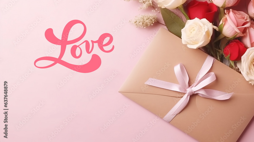 Valentine day greetings card in  woman hand ,envelope for Valentines day ,greetings card  ,roses on pink background ,greetings text,copy space 