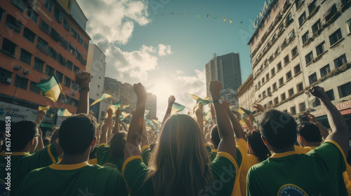 People with their backs to the camera with a Brazilian flag on Brazil's Independence Day.