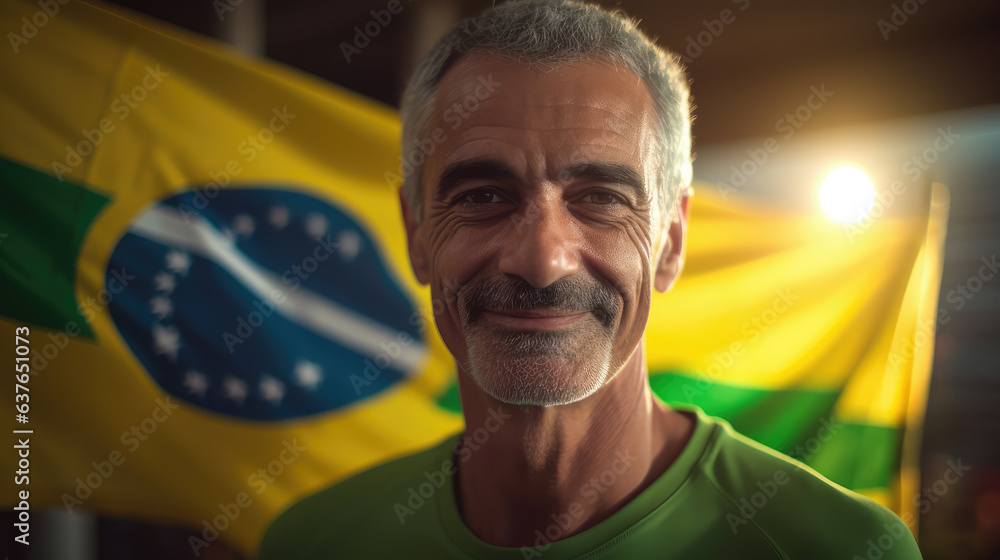 Fototapeta premium A man smiling at the camera with a Brazilian flag on Brazil's Independence Day.