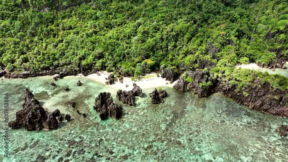 Aerial Descending Over Turquoise Coastline Near Green Plants On Island During Sunny Day - Raja Ampat, Indonesia Aerial Descending Over Turquoise Coastline Near Green Plants On Island During Sunny Day - Raja Ampat, Indonesia