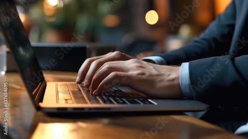 Close up of man hands typing on laptop keyboard. Businessman working in office.