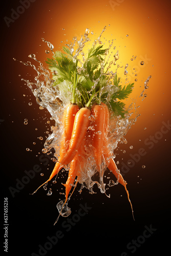 A bunch of carrots vegetables with water splash on isolated black background, cooking and healthy eating concept