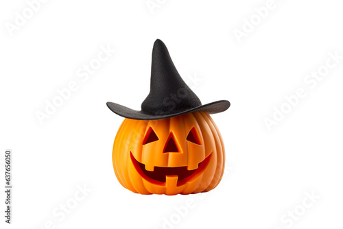 Photo of cute Halloween carved pumpkin with witch hat isolated on white background PNG