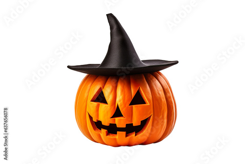 Photo of cute Halloween carved pumpkin with witch hat isolated on white background PNG © JetHuynh