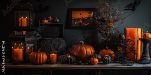 shop selling Halloween accessories and pumpkins. stylized showroom with ghosts and spiders © Margo_Alexa