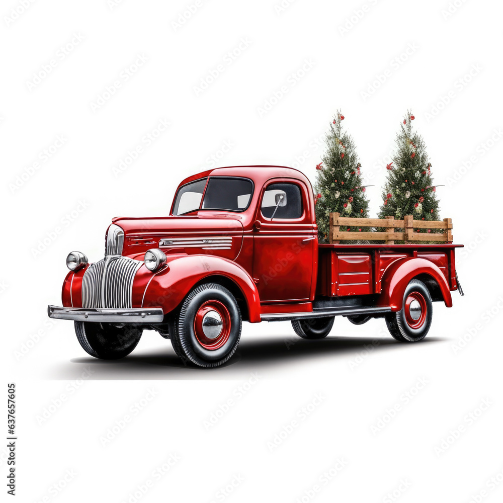 Holiday Red Truck carries a Christmas tree and gifts .on a white background. illustration for postcard or children's book. 