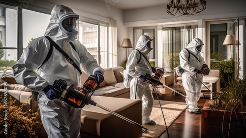 People in overalls treat the premises with a disinfectant and disinfectant liquid during an epidemic or danger of infection.Disinfection of office buildings and work surfaces