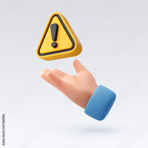 3d Yellow warning sign on human hand, business and finance caution concept.