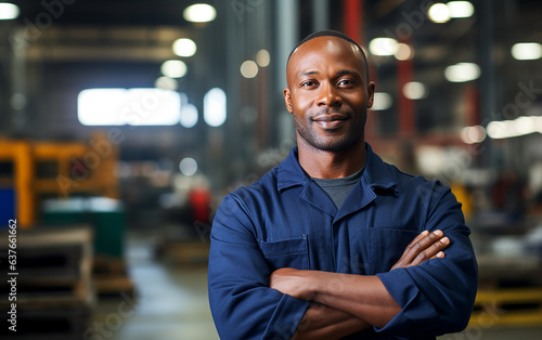 Black african american dark-skinned worker in a factory. Portrait of industrial worker indoors in factory. Technician with arms crossed, industrial construction industry, photo