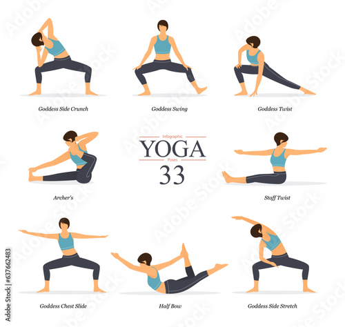 Set of 8 yoga poses or asana posture in flat design. Beauty woman in blue sportswear and black yoga pants is doing exercise for body stretching. Yoga infographics. Vector illustration.