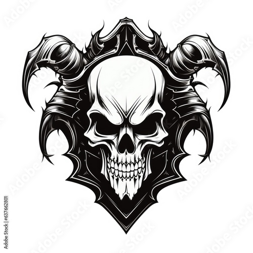 Demon skull shield, black and white emblem, AI generated Image