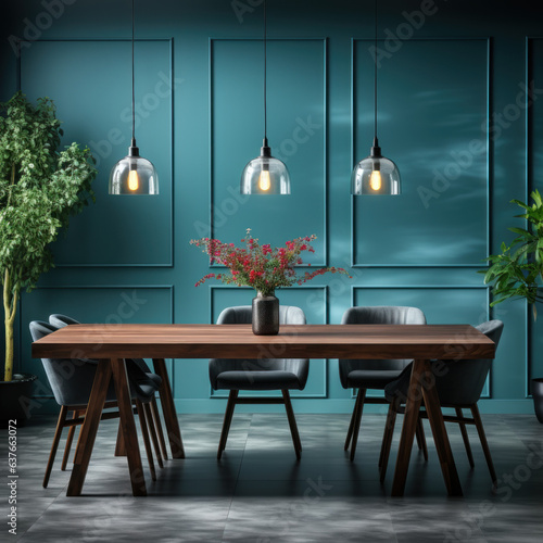  dining table with blue color wall background room 

